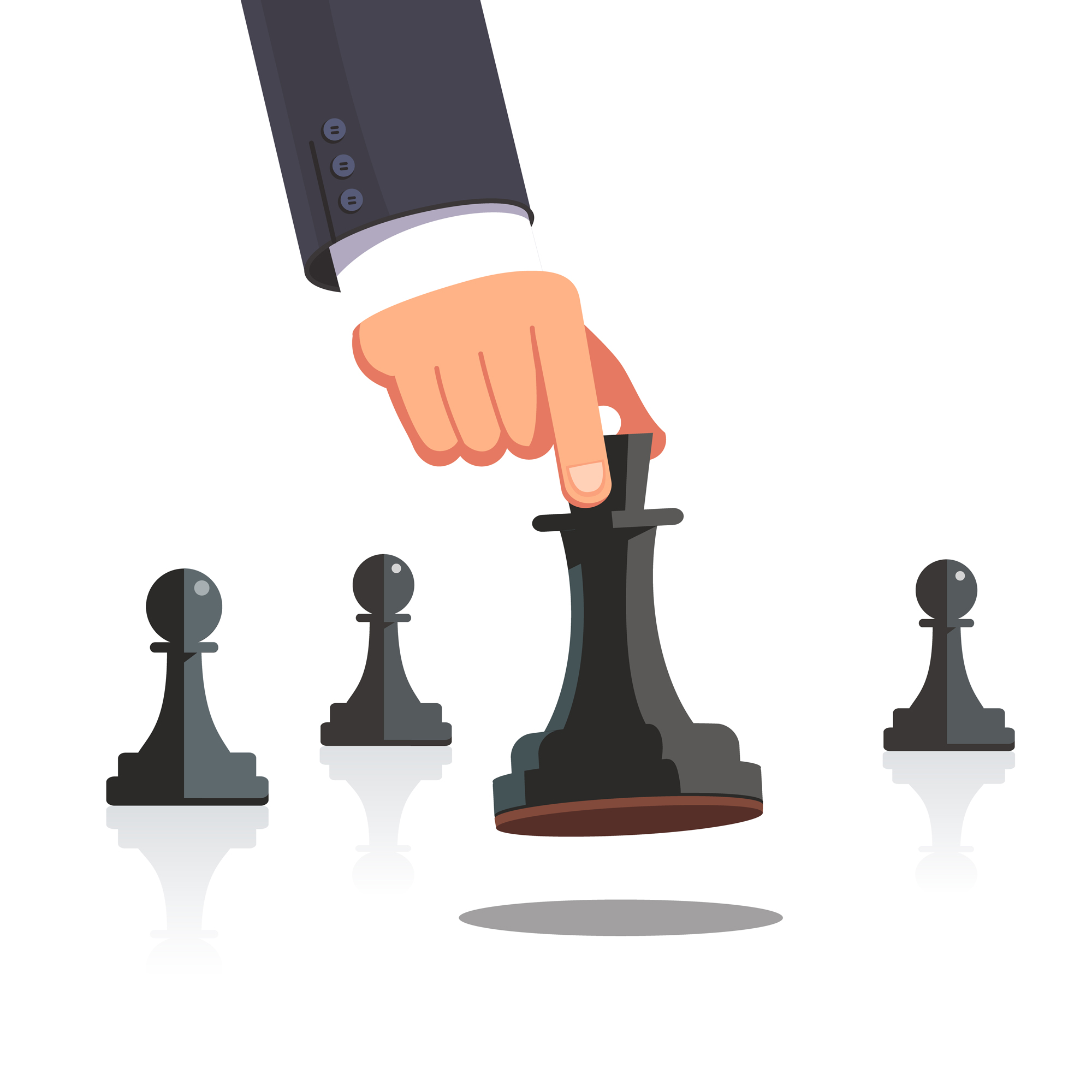 Business man hand making a strategic chess move with white queen piece with support of her pawns. Modern flat style concept vector illustration isolated on white background.